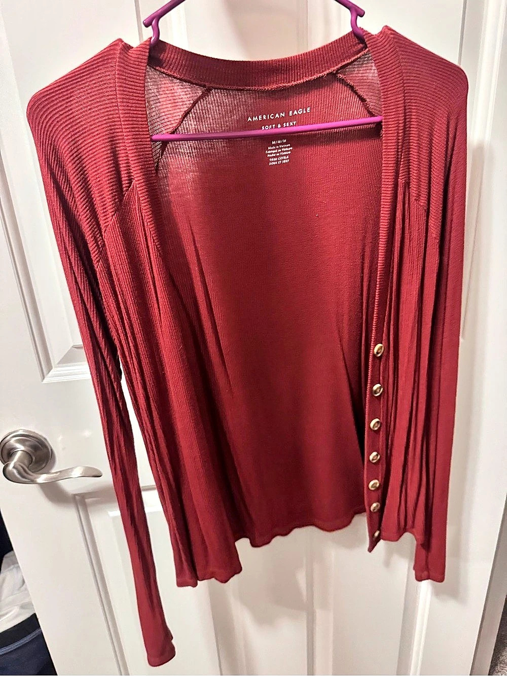 American Eagle Soft & Sexy Button-Front Cardigan in Red Size Medium